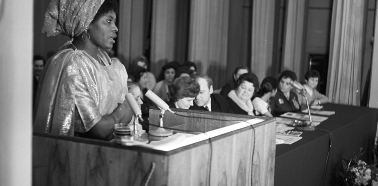The celebration of the International Women's Day on March 8 at the Patrice Lumumba People's Friendship University. Wilhelmina Scott Boyle, a third year student from Sierra Leone speaks at the podium.