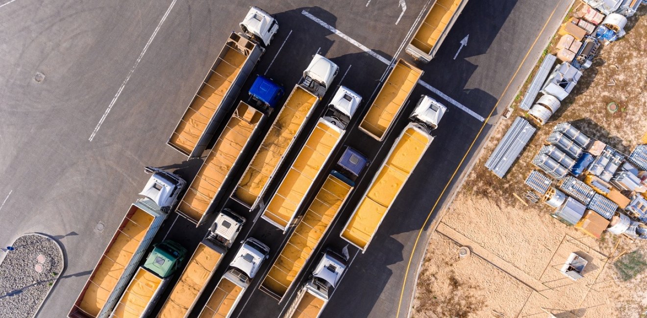 Grain trucks are weighed before leaving the elevator