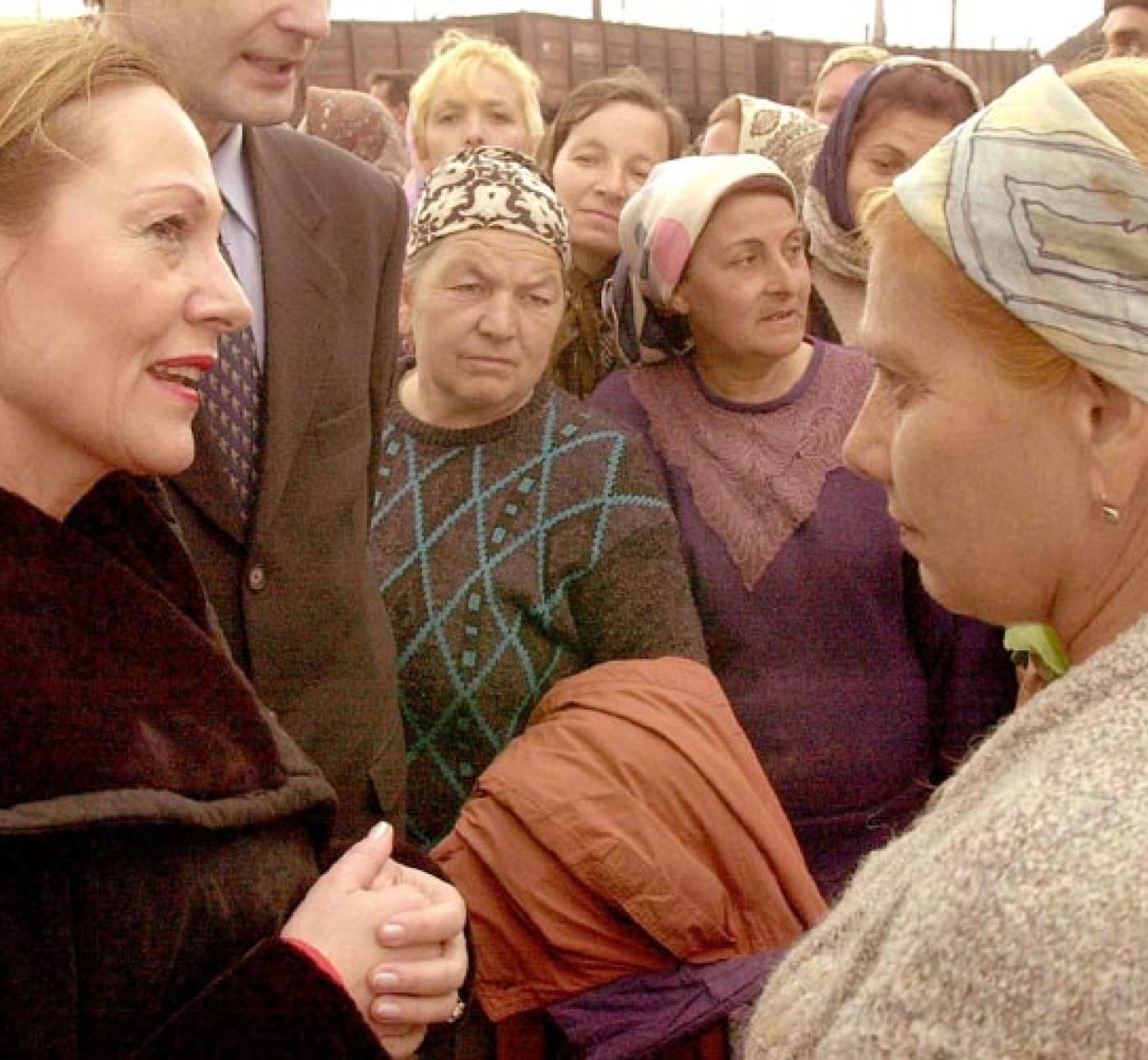 OSCE Chairperson-in-Office, Austrian Foreign Minister Benita Ferrero-Waldner, visits women in Chechnya, April 2000.