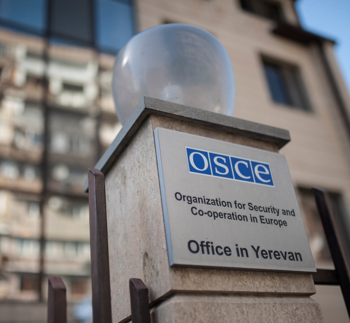 A sign at the entrance to the OSCE Office in Yerevan.