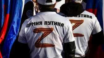 Russian nationalists wearing pro-war "Z" shirts at a rally