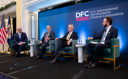 Mark Kennedy moderates a panel at the DFC 5th anniversary event