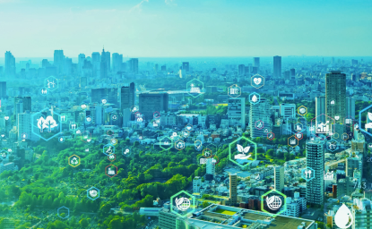 Cityscape with green technology icons