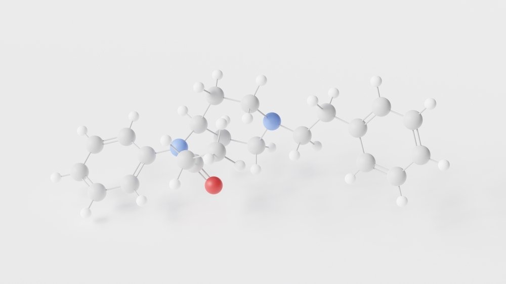 fentanyl molecule 3d, molecular structure, ball and stick model, structural chemical formula opiate agonists