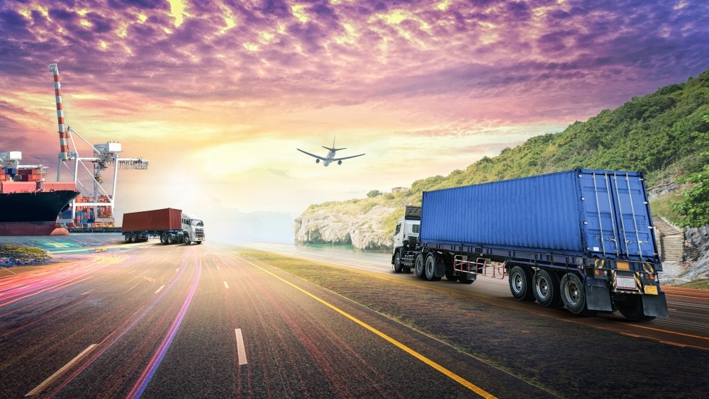 Container truck, cargo ship, road, plane