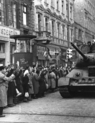 A crowd cheers Hungarian troops in Budapest.